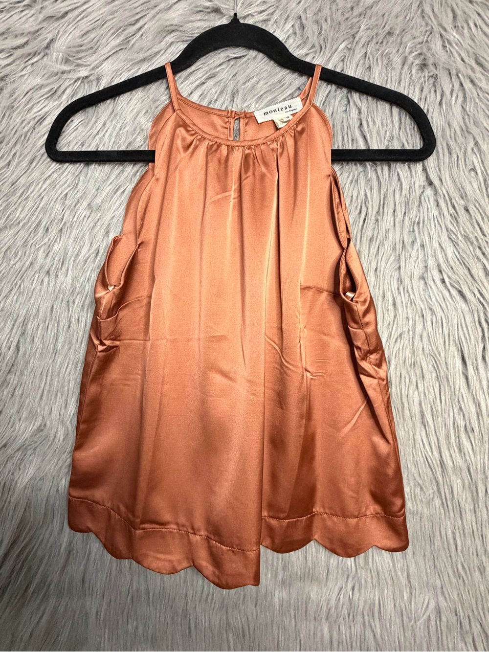 Monte Copper Satin Halter Tank with Scalloped Hem